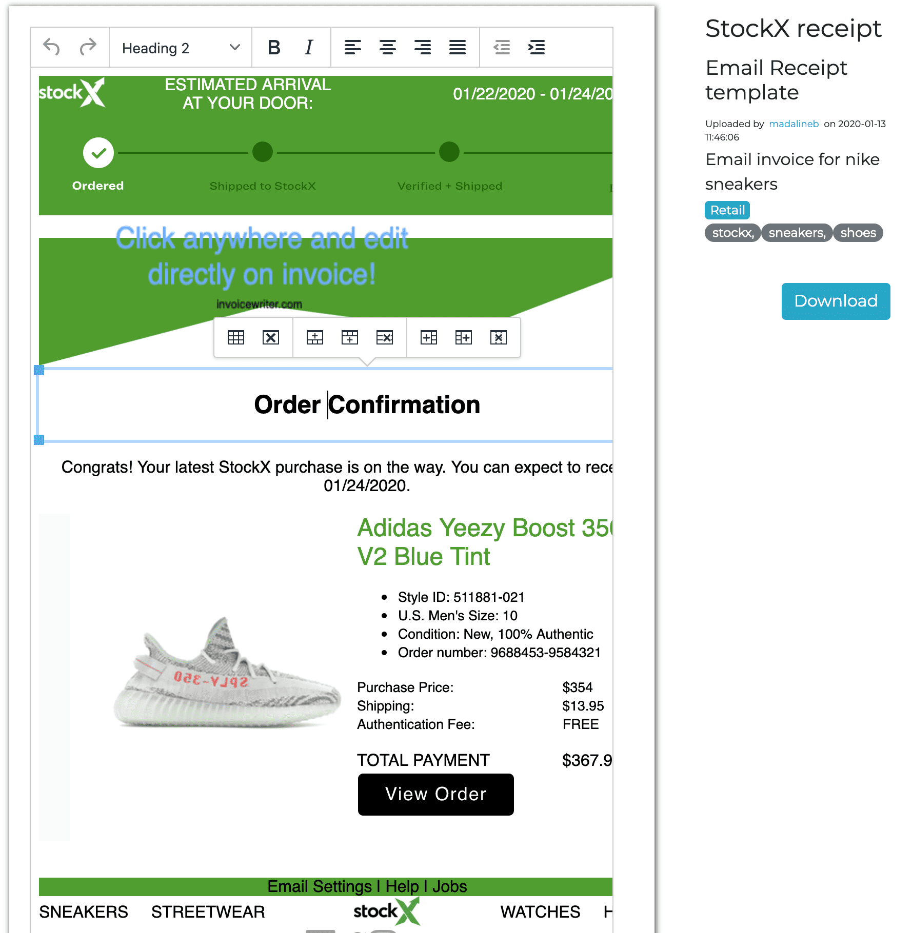 stockx email order confirmation receipt template