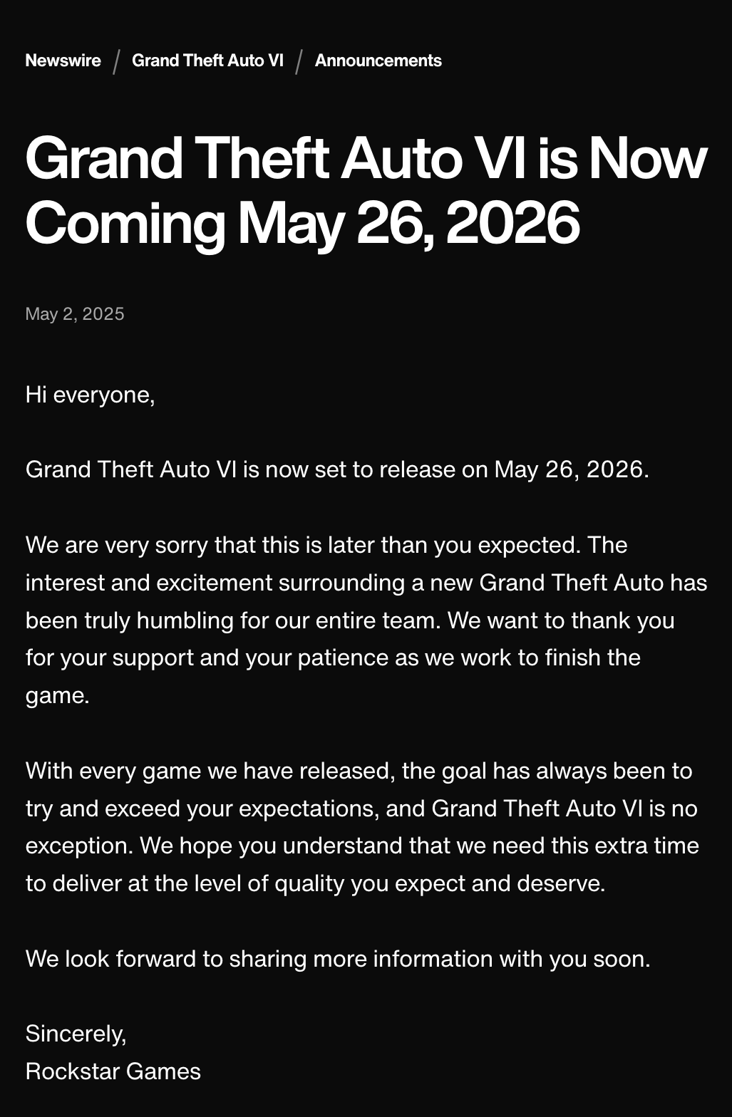 Grand Theft Auto VI is Now Coming May 26, 2026